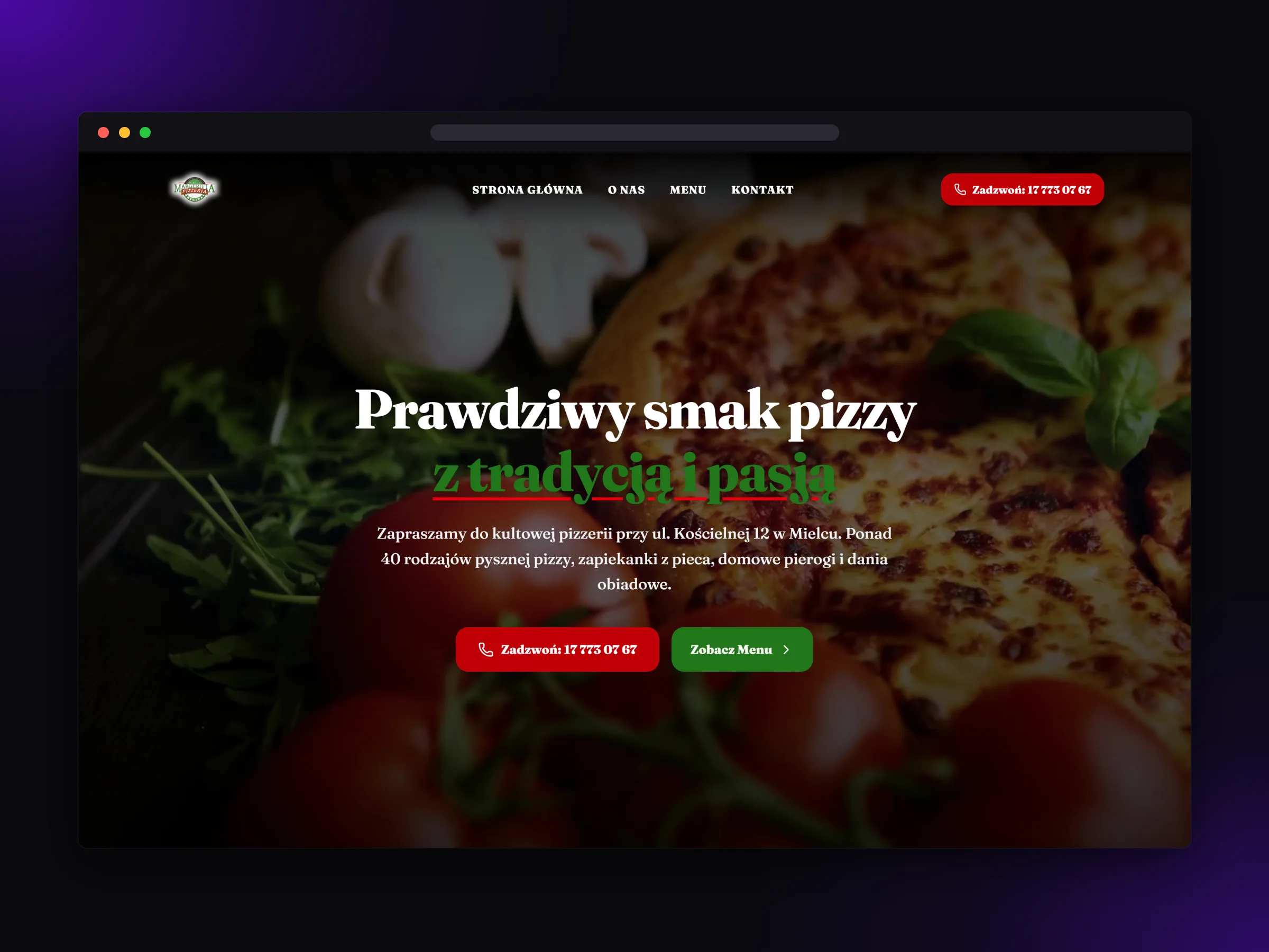 Strona główna Pizzerii Margeritta na komputerze