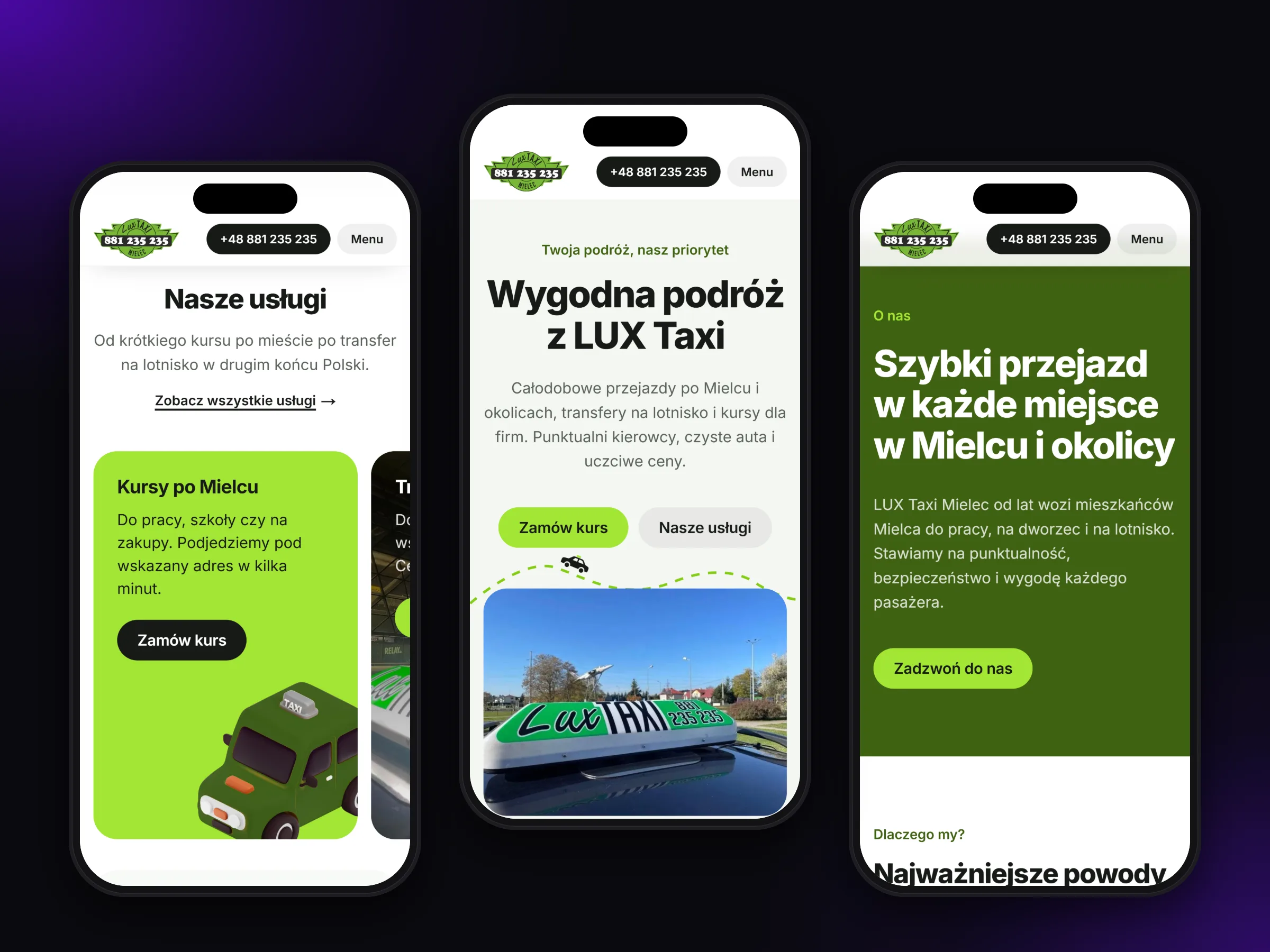 Services, home page and the about section on mobile