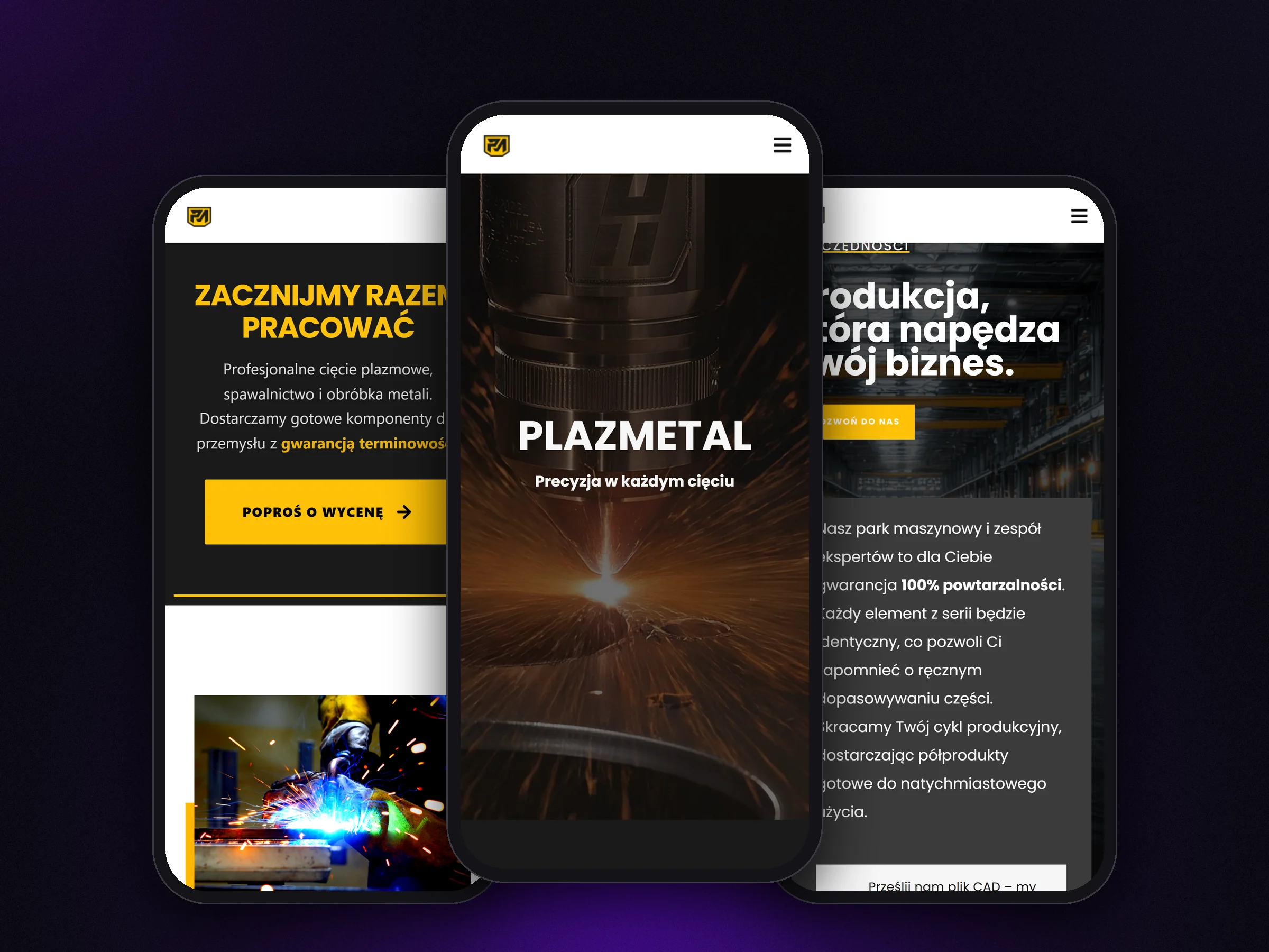 Wersja mobilna strony PLAZMETAL na trzech telefonach