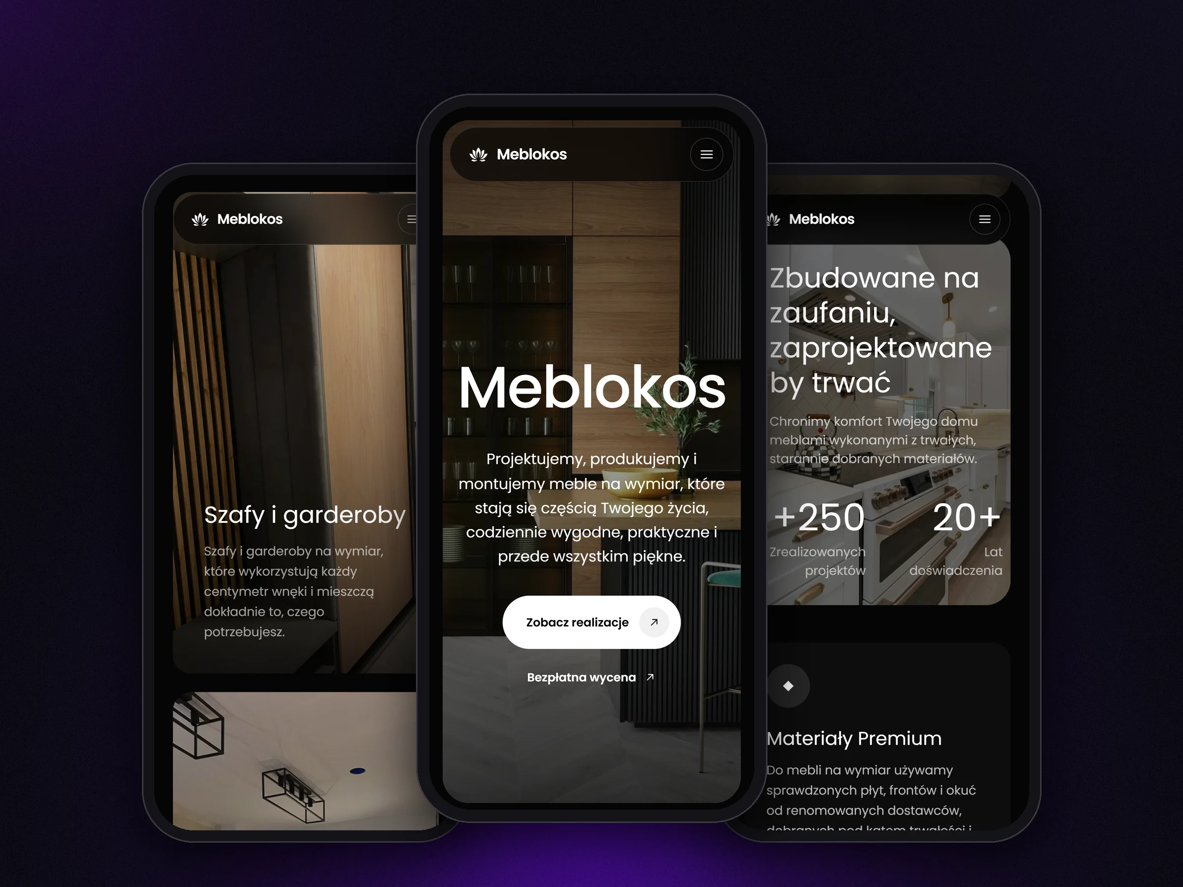 Wersja mobilna strony Meblokos na trzech telefonach