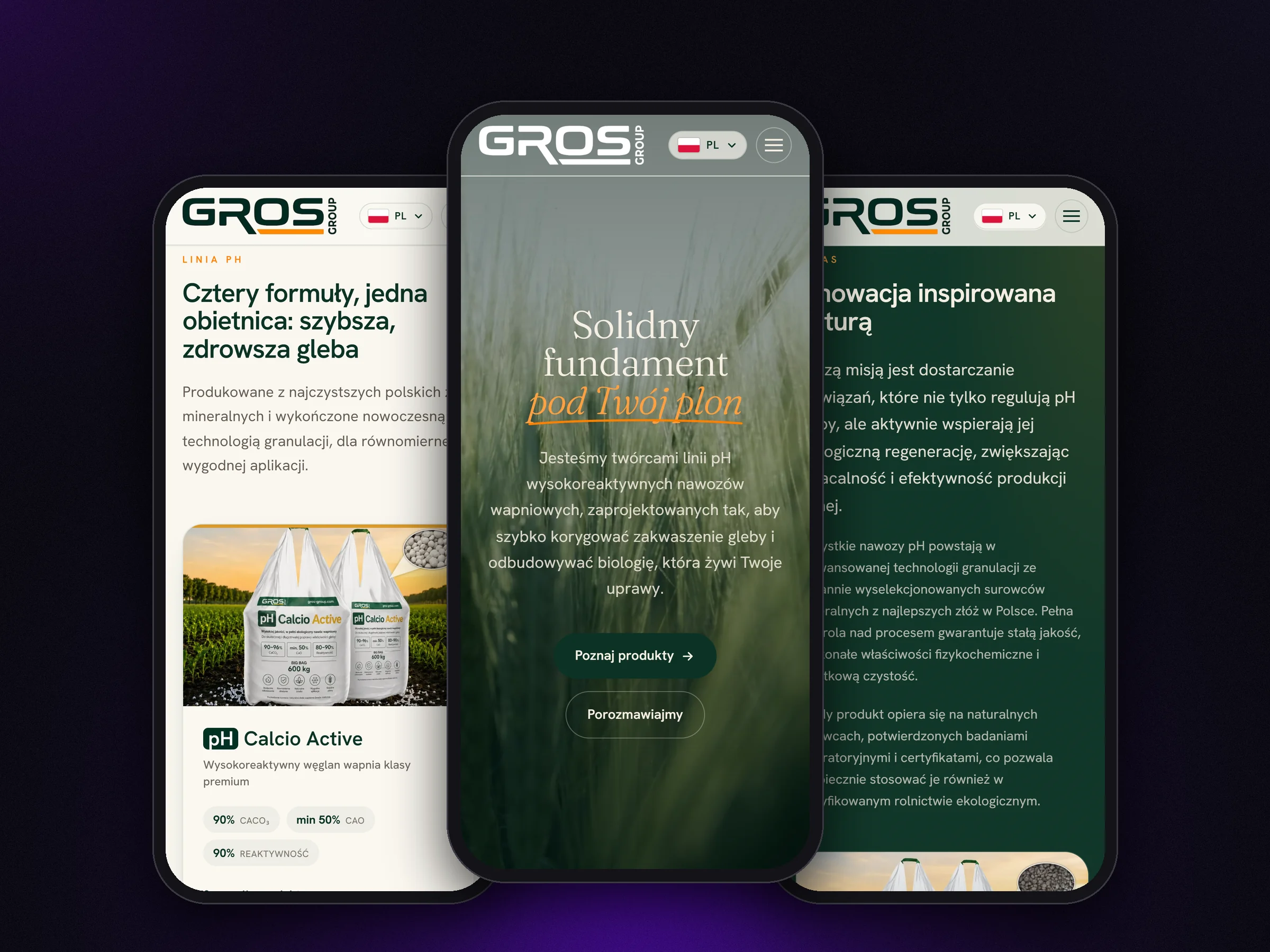Wersja mobilna strony GROS Group na trzech telefonach