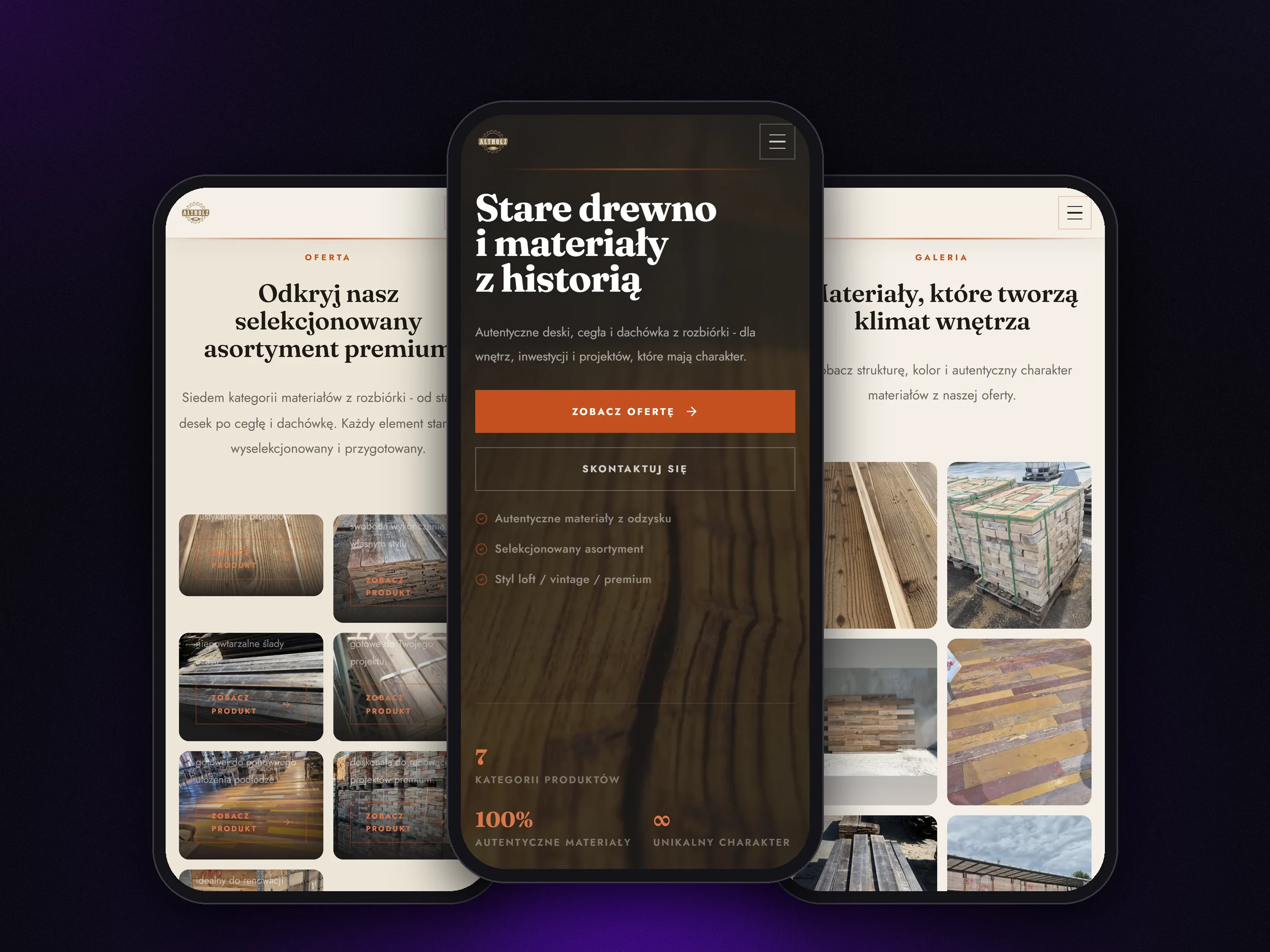Mobile version of the Altholz website on three phones