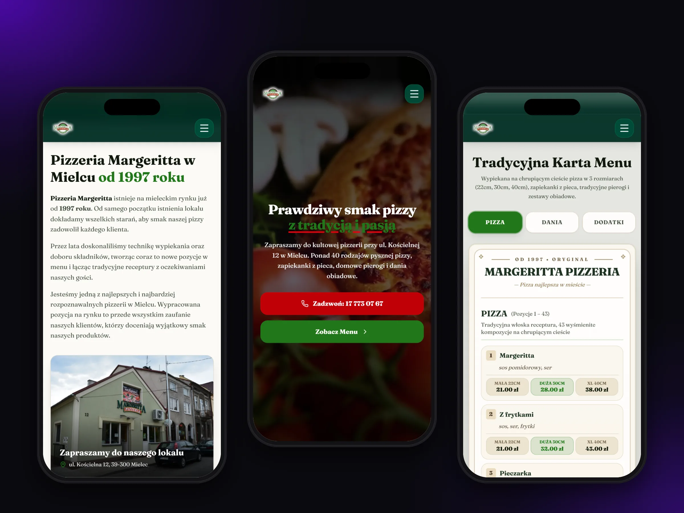 O lokalu, strona główna i menu w wersji mobilnej
