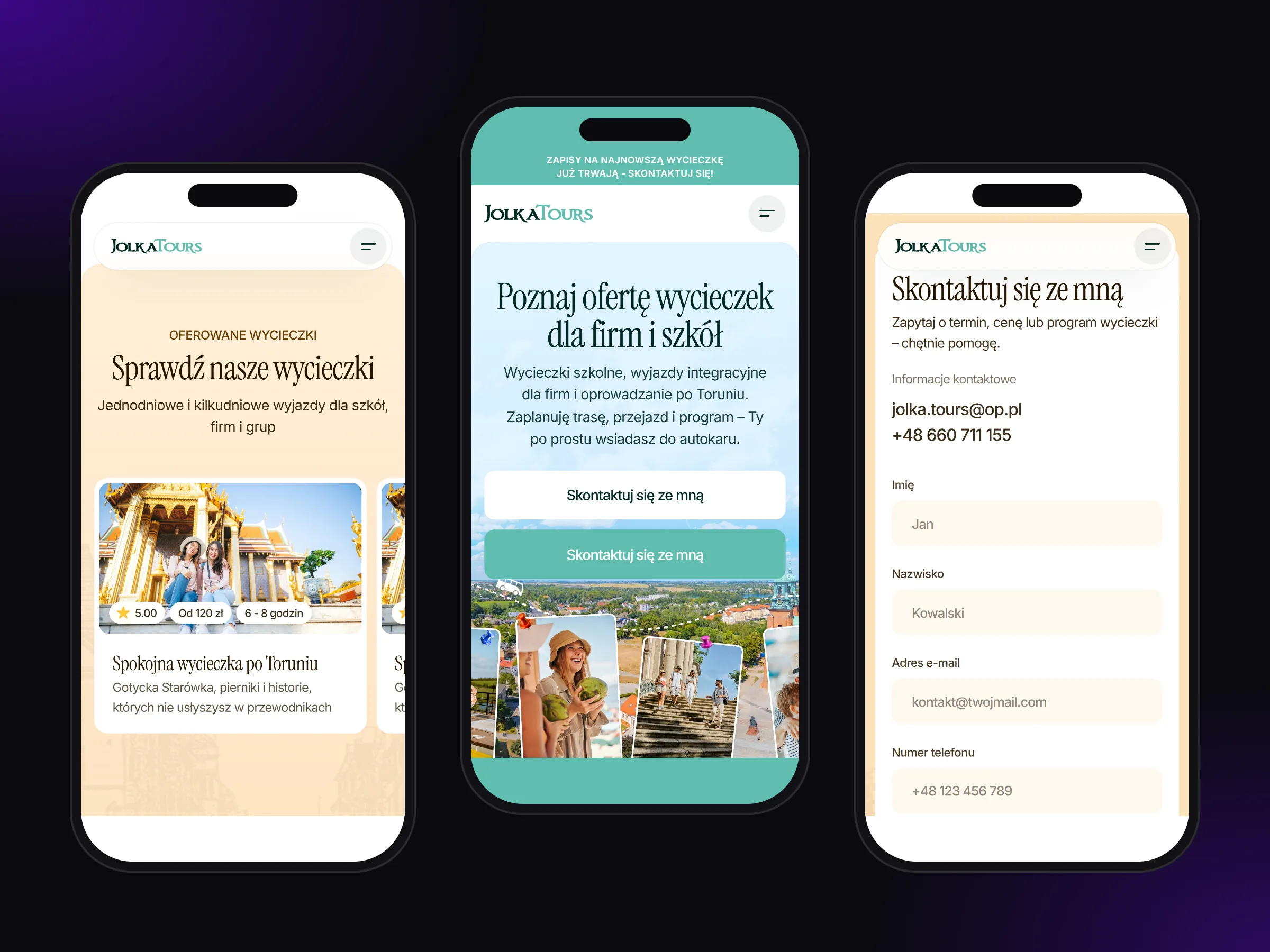 Oferta wycieczek, strona główna i kontakt w wersji mobilnej