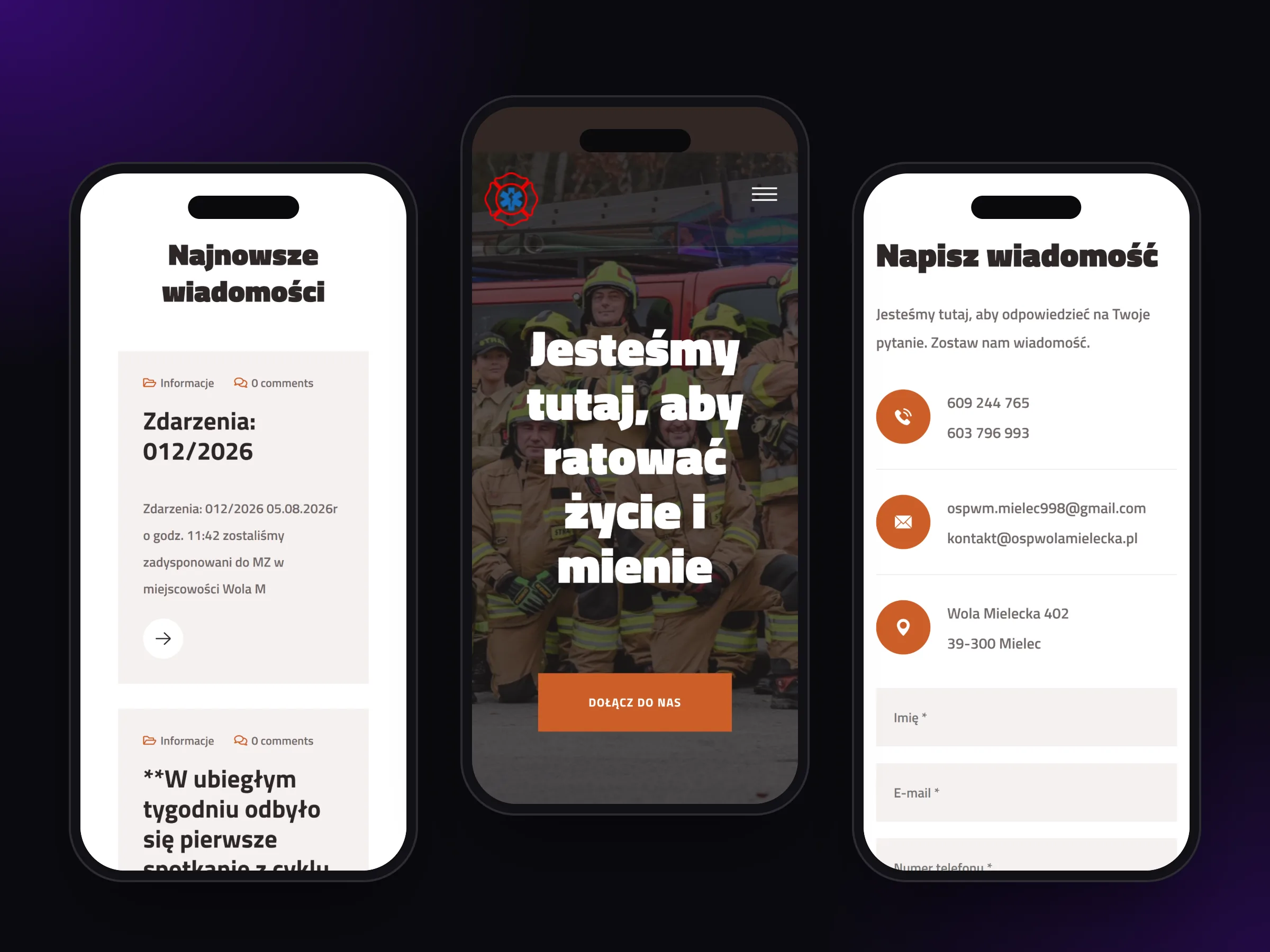 Aktualności, strona główna i kontakt w wersji mobilnej