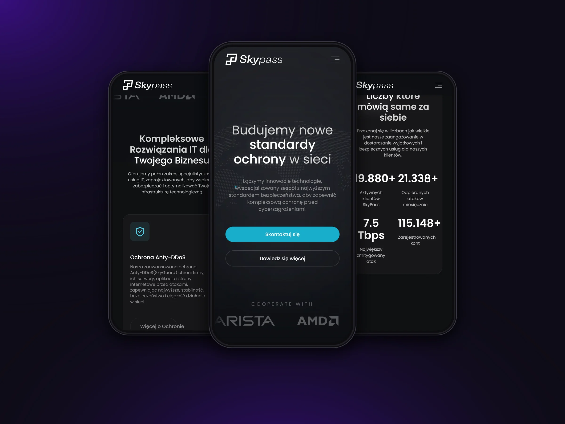 Mobile version of the SkyPass website on three phones