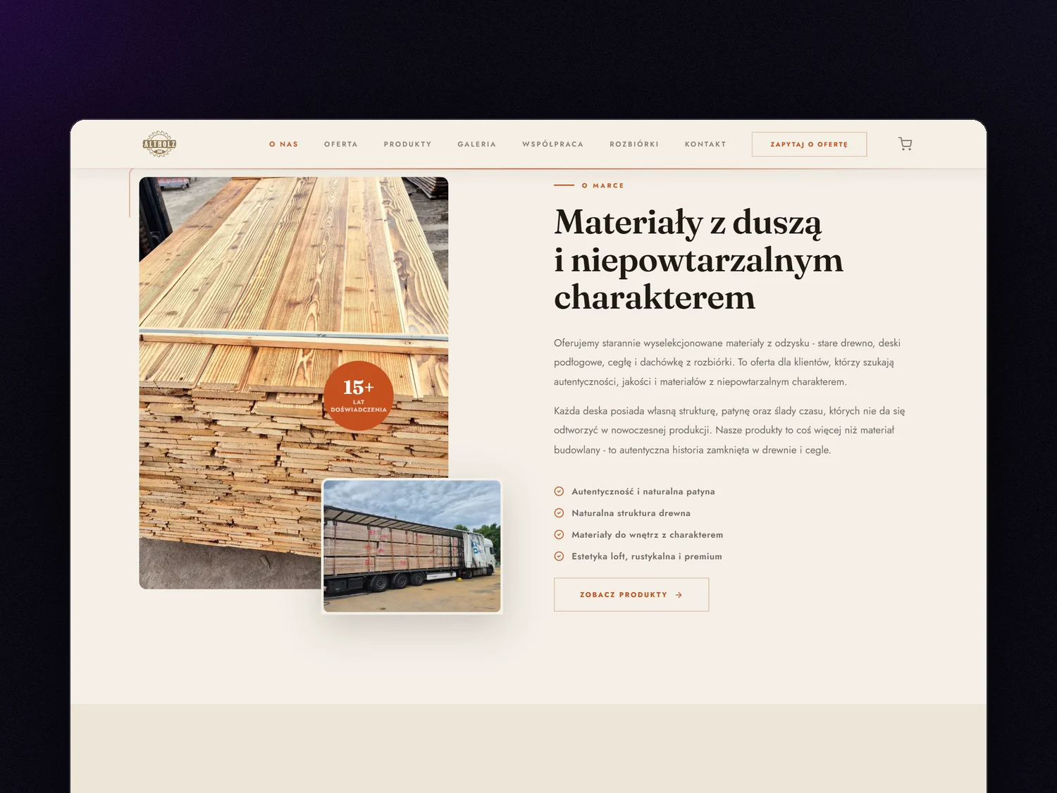 Brand section with photos of reclaimed wood