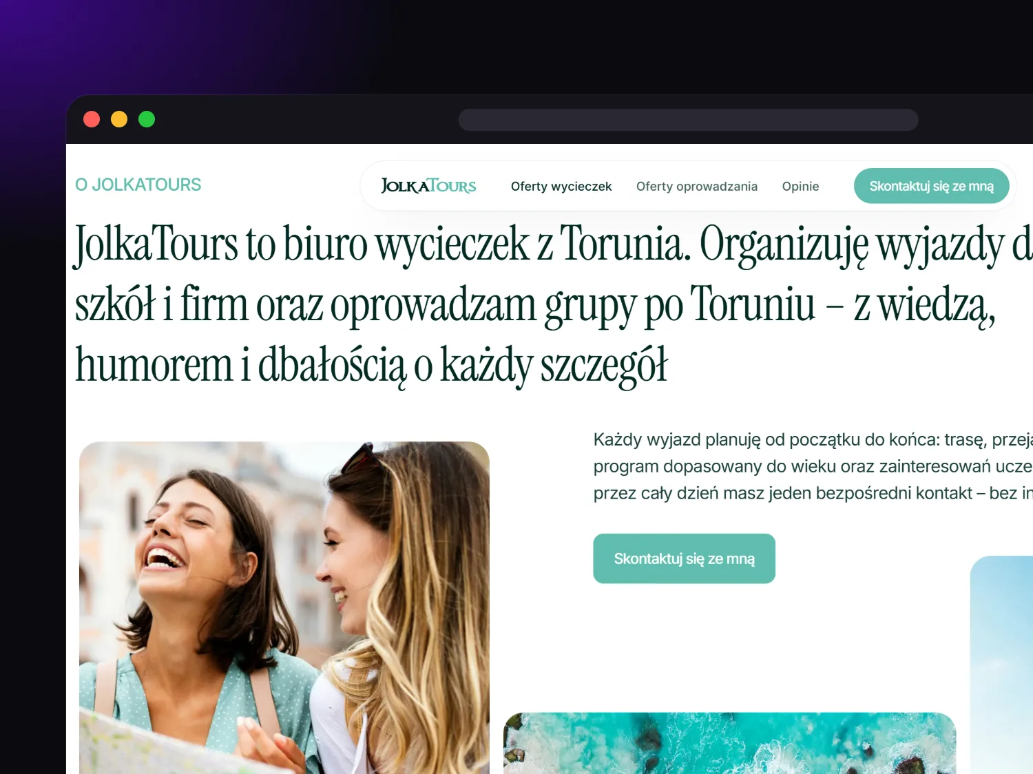 Sekcja o biurze JolkaTours ze zdjęciami z wyjazdów