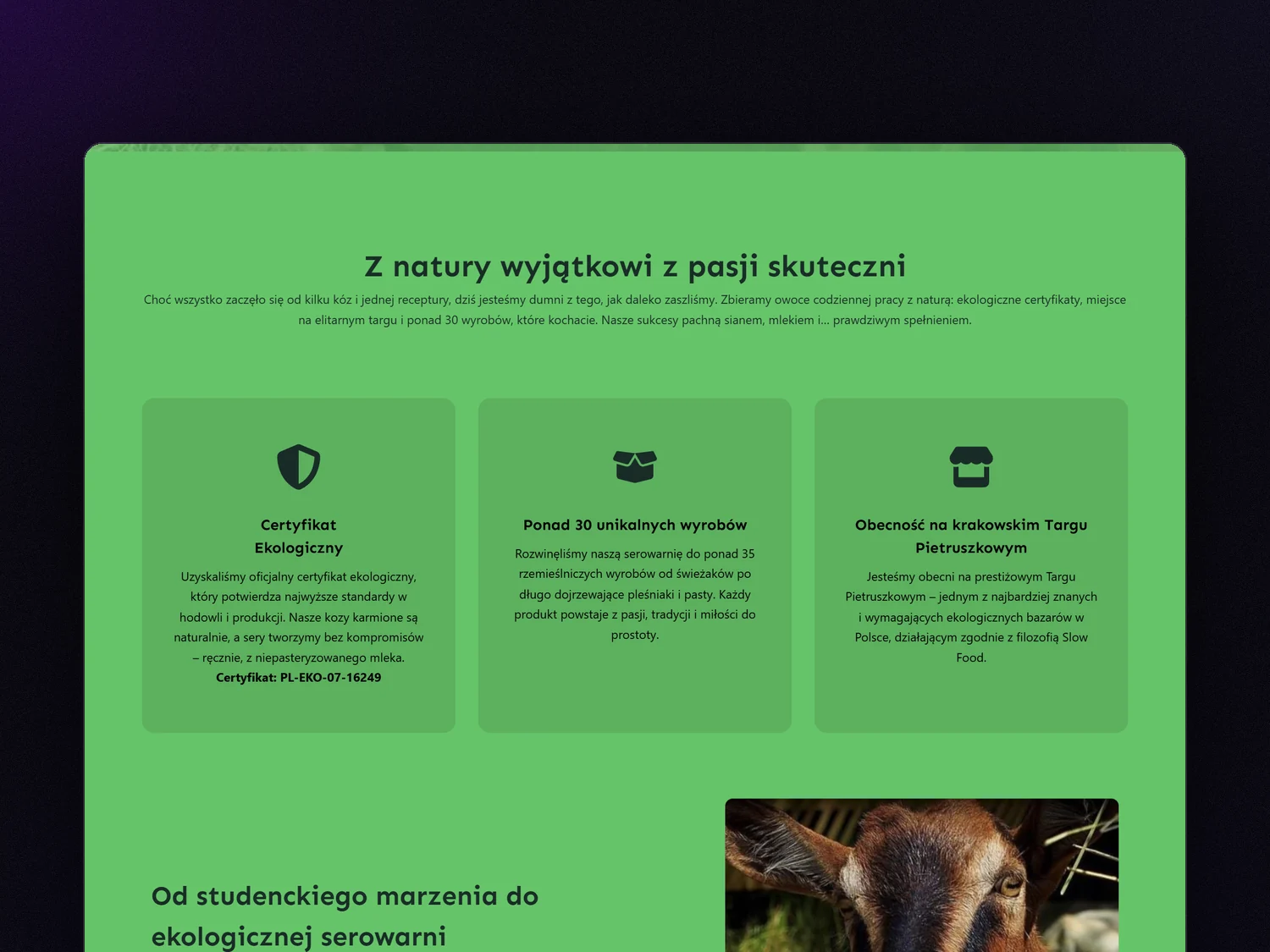 Sekcja o certyfikatach i sukcesach gospodarstwa