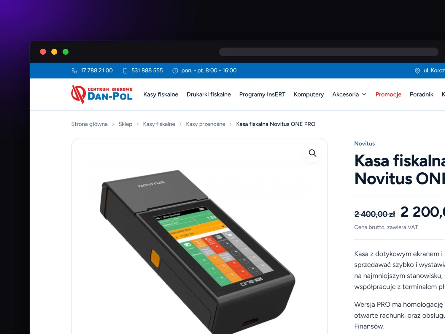 Karta produktu kasy fiskalnej Novitus ONE PRO