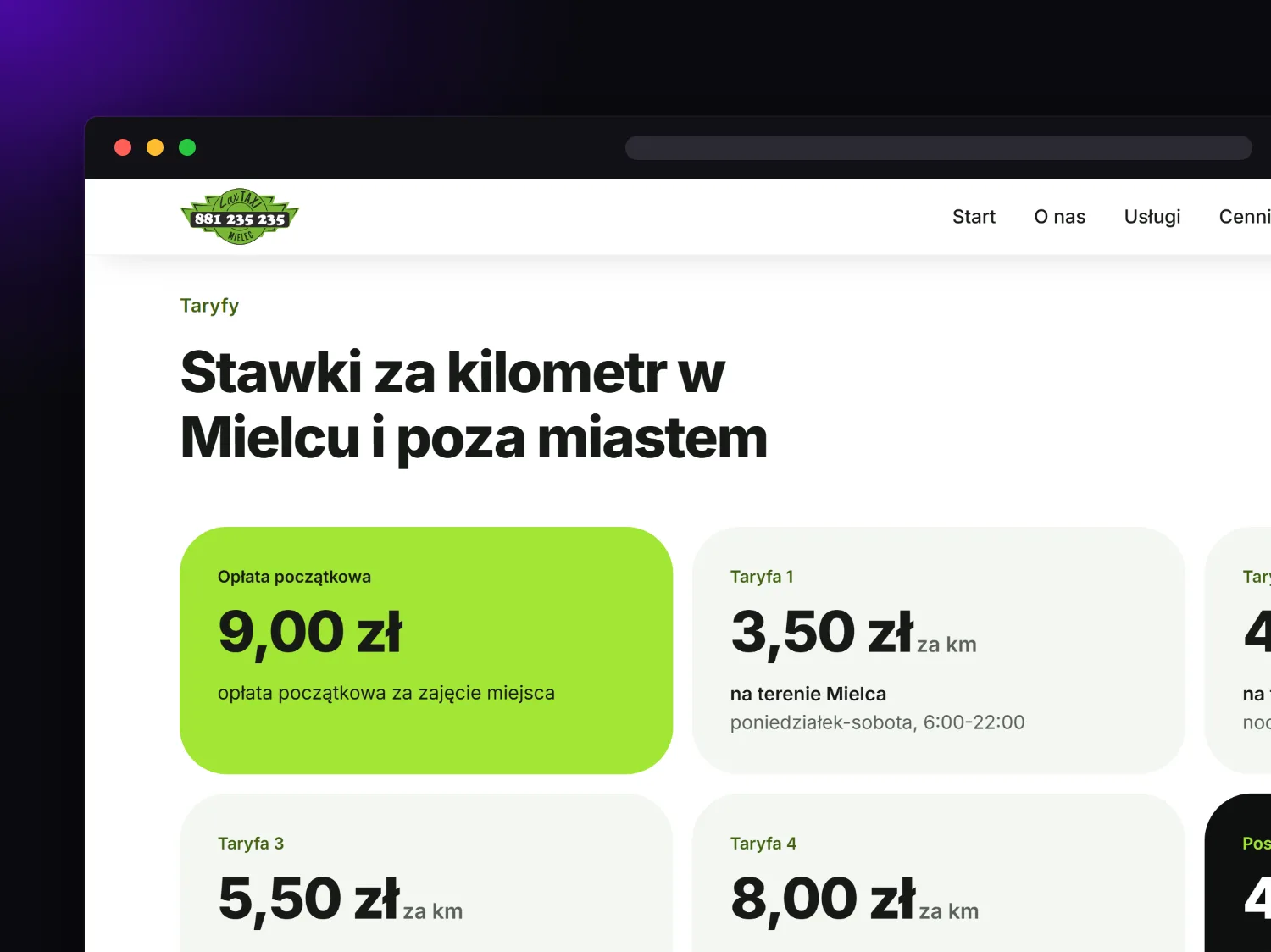 Taxi price list with per-kilometer rates
