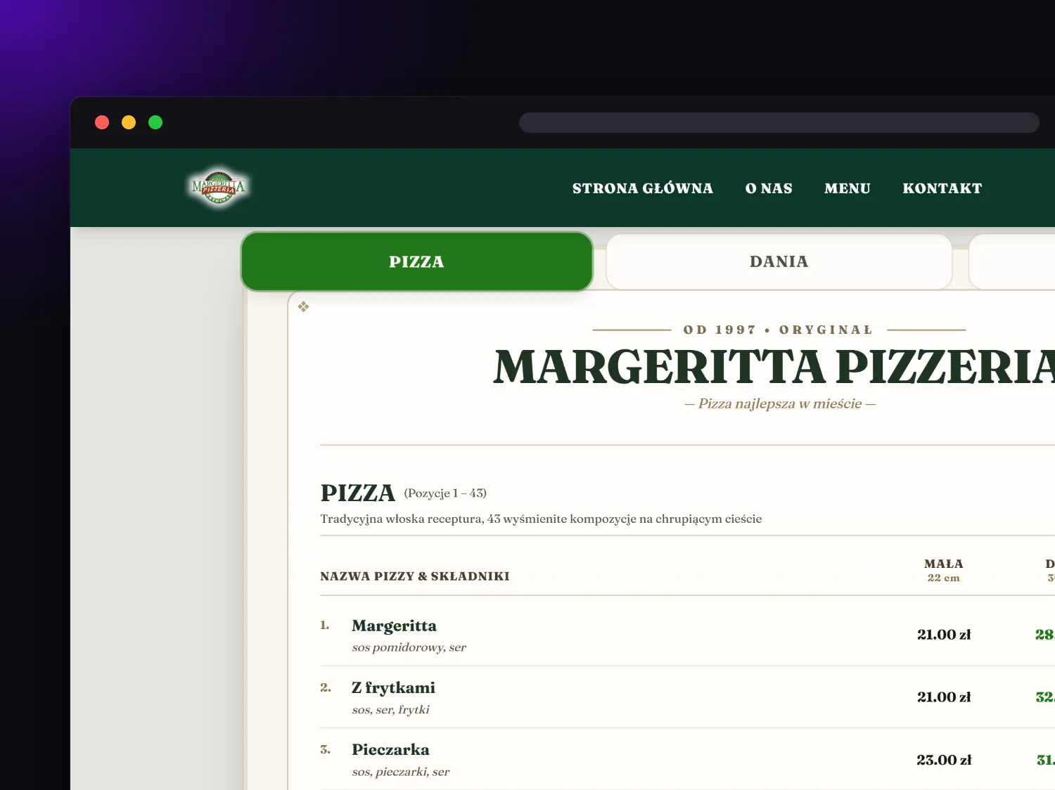 Karta menu z cenami pizzy w trzech rozmiarach