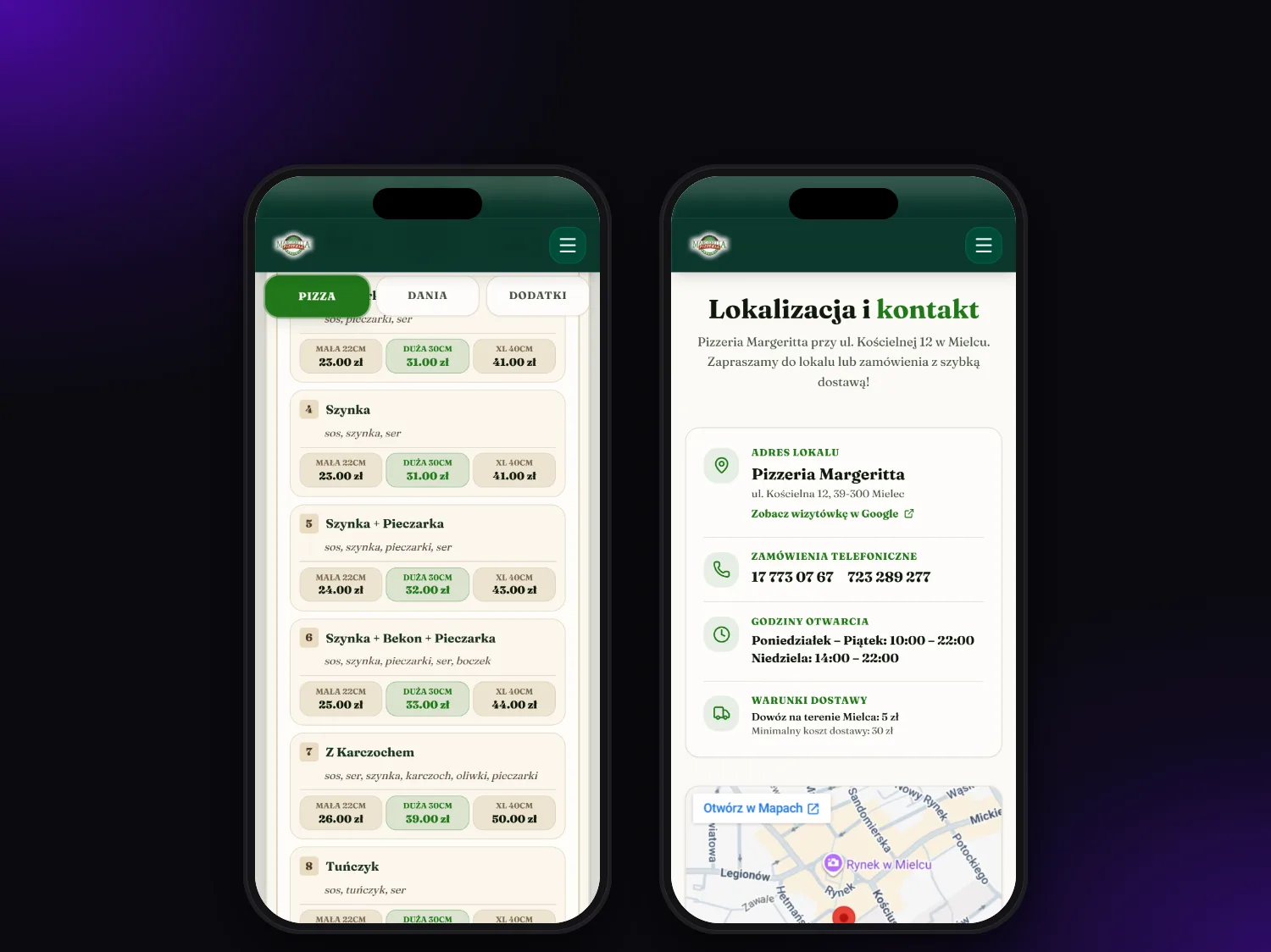 Menu z cenami i kontakt z godzinami otwarcia na telefonach