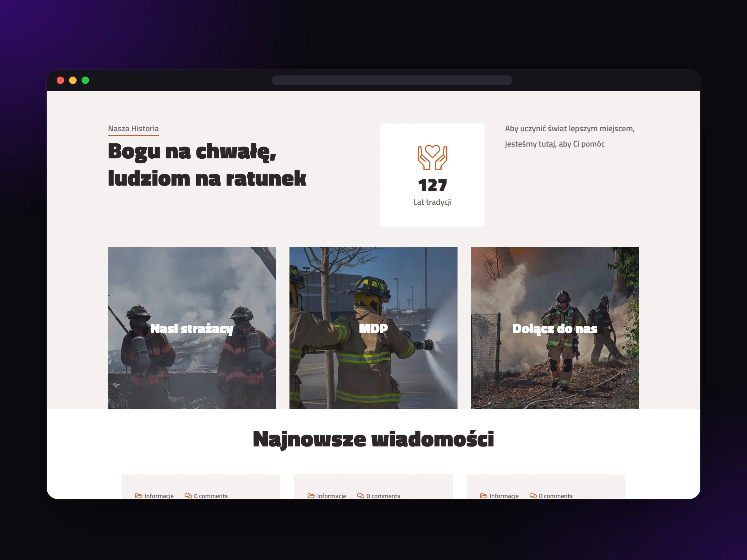 Sekcja o historii jednostki z kafelkami podstron