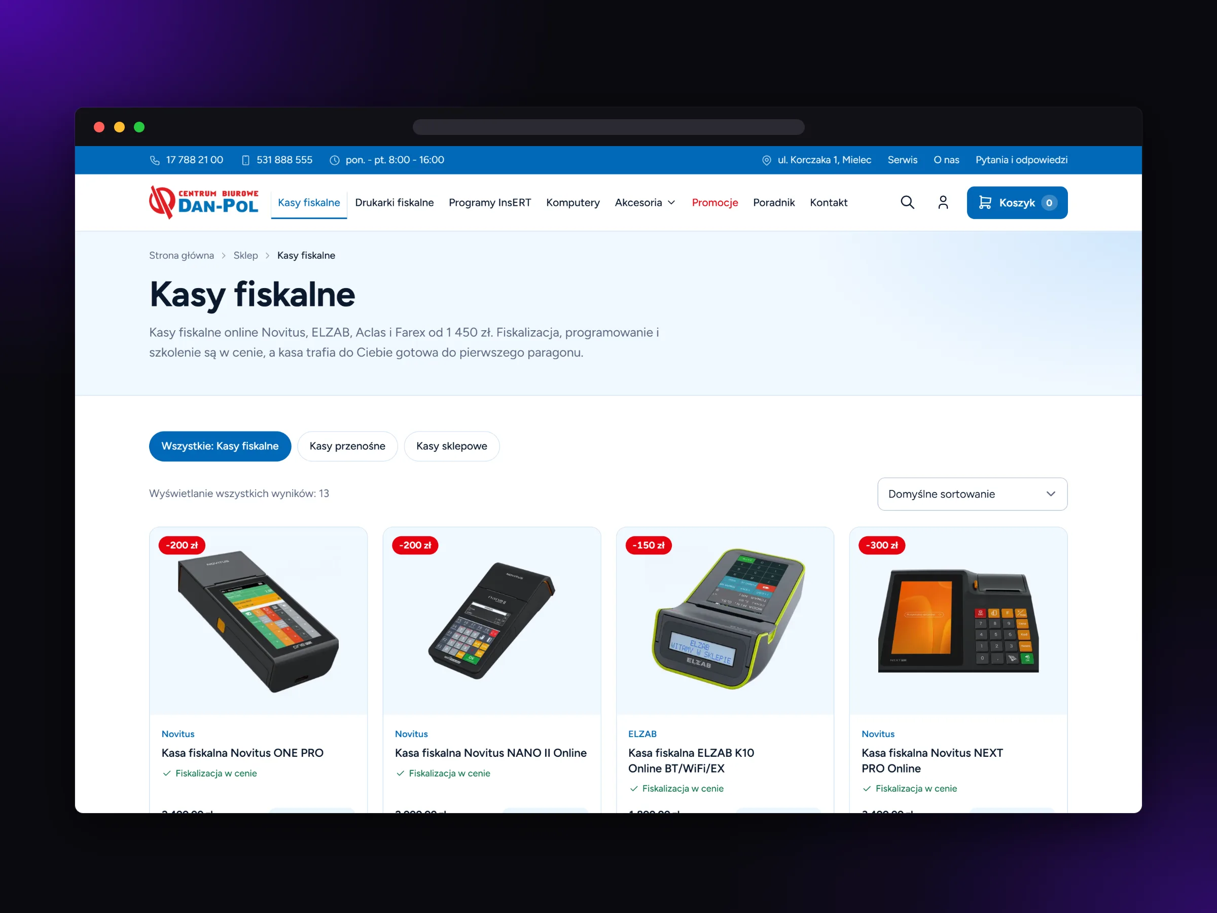 Kategoria kas fiskalnych z filtrami i sortowaniem