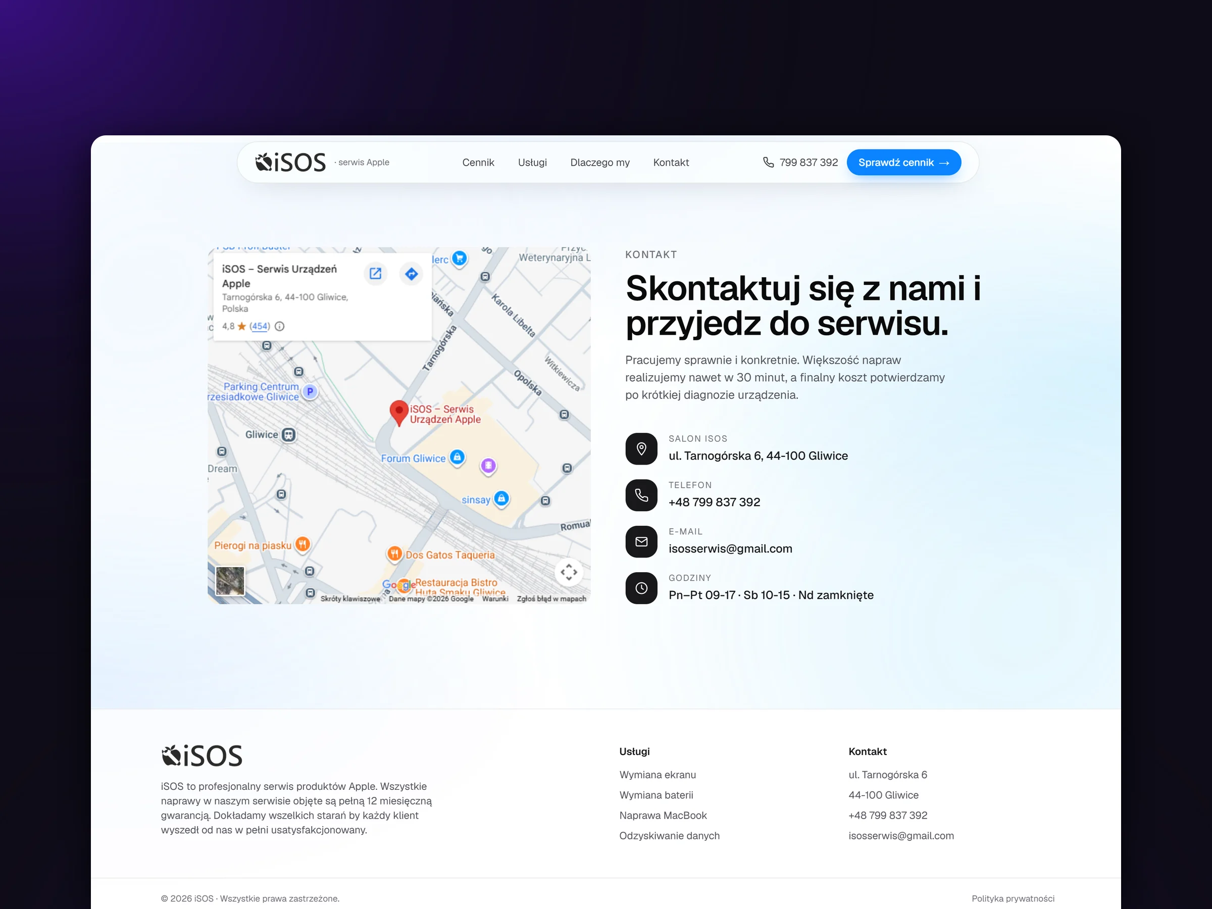 Contact with a map to the repair shop